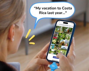 Person holding a phone with a voice search app open, showing a vacation photo collage.