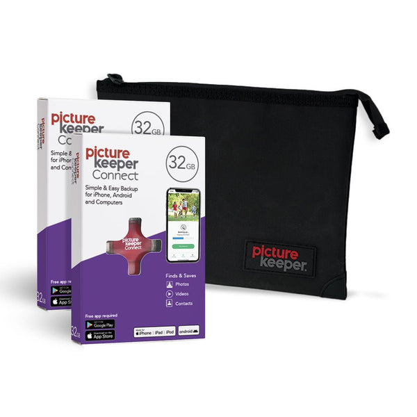Holiday Gift Pack - Picture Keeper Connect 4 - in - 1 (2 pack) with Water/Fire Resistant Pouch - 32GB - PictureKeeper.com