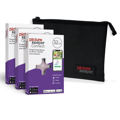 Holiday Gift Pack - Picture Keeper Connect 4 - in - 1 (3 pack) with Water/Fire Resistant Pouch - 32GB - PictureKeeper.com