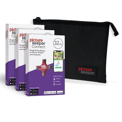 Holiday Gift Pack - Picture Keeper Connect 4 - in - 1 (3 pack) with Water/Fire Resistant Pouch - 32GB - PictureKeeper.com